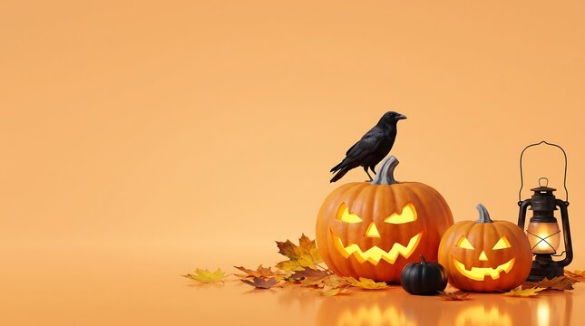 Halloween background with glowing Jack-o-lanterns black crow vintage lantern and autumn leaves for website banner.