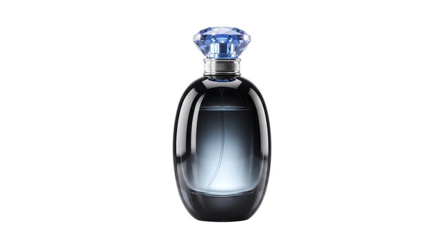 Elegant black perfume bottle with blue diamond cap, luxury fragrance glass container, premium cosmetic cologne packaging isolated PNG with Transparent Background