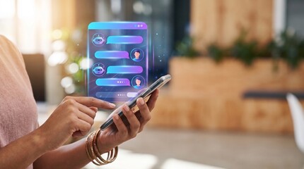 Naklejka premium Innovative mobile communication experience with futuristic chat interface and glowing digital message bubbles