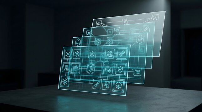 Glowing transparent holographic screens displaying cybersecurity network icons and cloud server data architecture on dark surface
