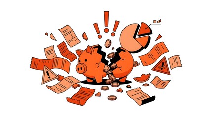 Fototapeta premium Broken orange piggy bank with coins and money flying out.