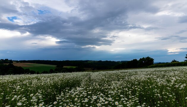 Wildflower meadow under dramatic stormy sky with dark clouds