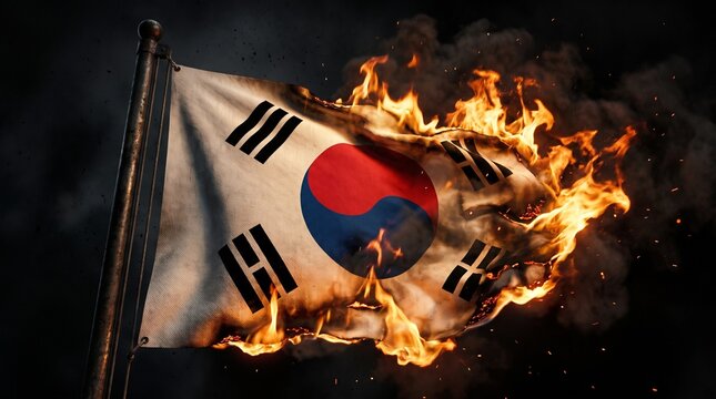 The South Korean flag is ablaze with fire on a dark, smoke-filled.
