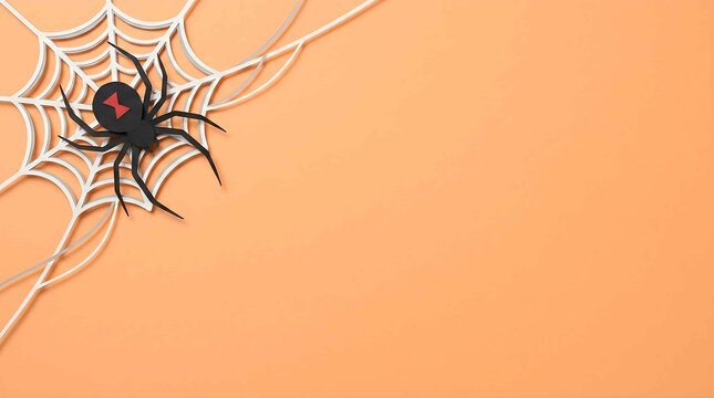 Spooky Halloween spider web with black widow on orange background and large copyspace for text