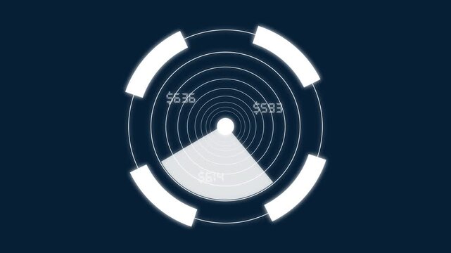 White circular radar sweeps an active beam across rings. High tech target detection tracks on the circular radar. Modern surveillance routes around this circular radar.