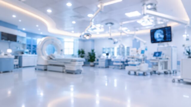 Medical imaging room with a ct scanner and diagnostic equipment. This clinical environment features advanced technology in a bright, out-of-focus setting for healthcare concepts.