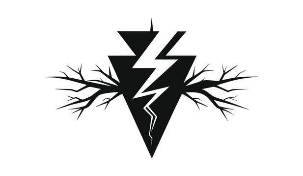 Tribal arrowhead lightning bolt logo, black geometric spearhead with tree roots, ethnic thunderbolt vector icon design