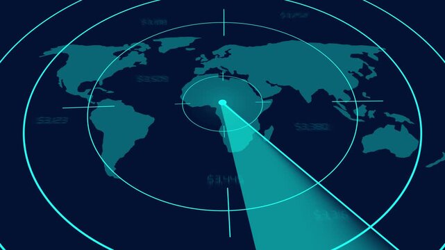 Digital world map interface displays active radar circles. Global network surveillance tracks on the digital world map. International communication routes on the world map.