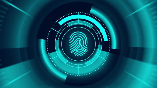 Turquoise fingerprint icon sits inside a circular UI ring. Biometric identity protection reads the fingerprint icon. Modern cyber security clears this sleek fingerprint icon.