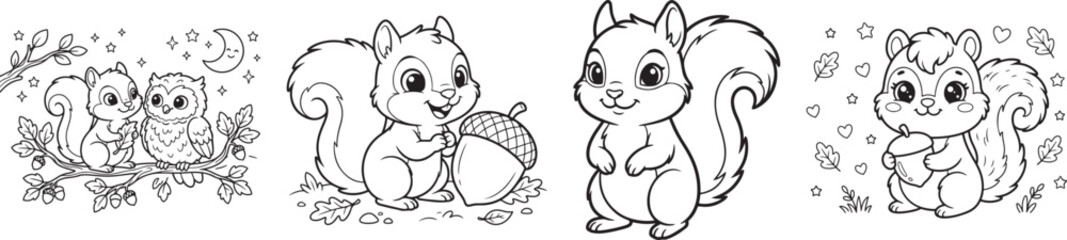 Fototapeta premium Charming black-and-white line-art squirrels in whimsical forest-themed illustrations with playful details and decorative elements