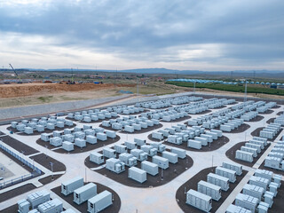 Fototapeta premium Neatly arranged energy storage battery pack facility