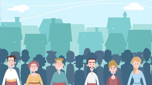 2D animation of a large crowd of diverse people waving hands together in front of suburban houses community concept