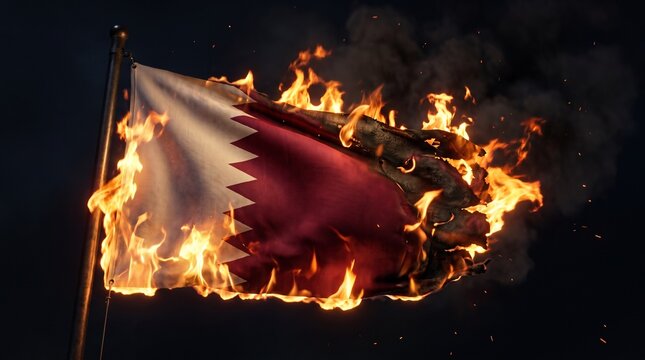 Qatari flag burning with bright blazing flames and dark smoke.