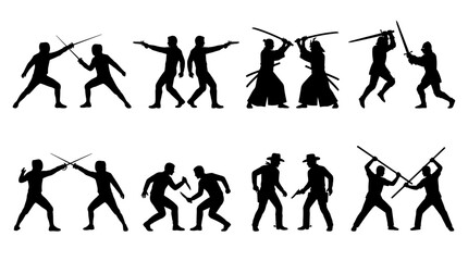 Naklejka premium Set of silhouettes of people engaged in various combat stances, fencing, samurai sword fighting, wild west dueling, warrior action, power and