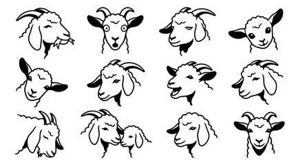 Obraz premium Set of goat head illustrations with various expressions, black and white ink sketch style, farm animal icons for livestock and agricultural branding