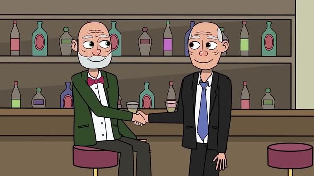 2D animation of two senior men shaking hands while sitting at a bar counter with liquor bottles behind them