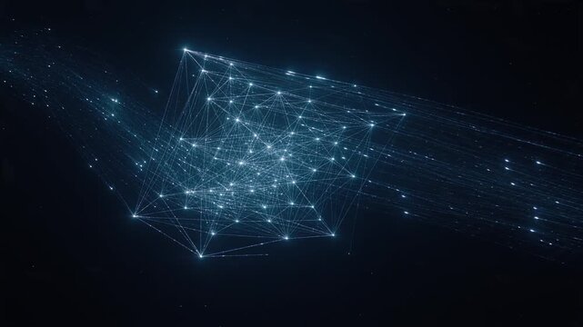 Streams of luminous data particles converge into a glowing network and disperse, abstract technology transition on dark background