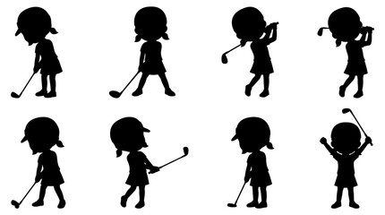 Naklejka premium Set of golf girl silhouettes in various playing poses showing putting, swinging and celebrating, perfect for sports emblems and coaching materials