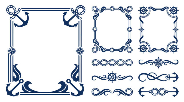Set of nautical frames and border elements with ship anchors and helms, maritime design assets for wedding invitations or decorative stationery