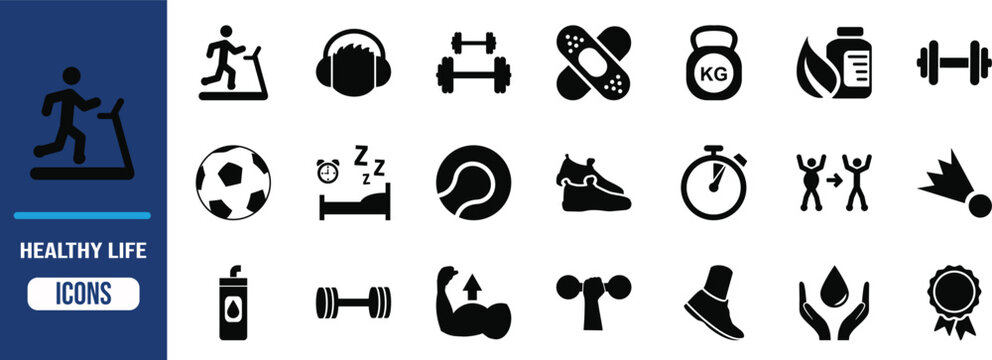 Healthy lifestyle fitness vector icons. dumbbell icon set, treadmill icon set, shoe icon set