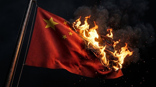 Chinese flag burning intensely with bright flames and dark smoke.