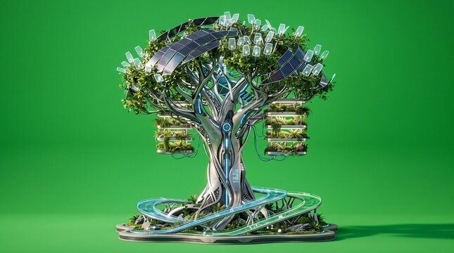 Futuristic digital tree with glowing neon circuits and data structures on green background