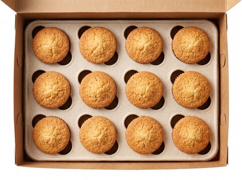 Top view of open cardboard bakery box with twelve freshly baked golden brown muffins arranged neatly in a protective molded paper tray insert for takeout food delivery