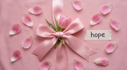 Obraz premium Pink Tulip And Ribbon With Hope Word Symbolizing A Positive Future