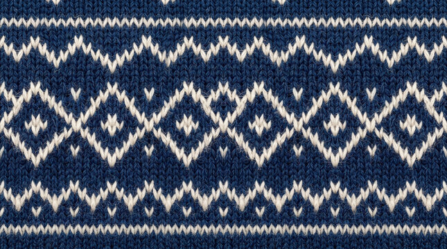 Seamless knitted pattern with white geometric fair isle design on a dark navy blue wool background