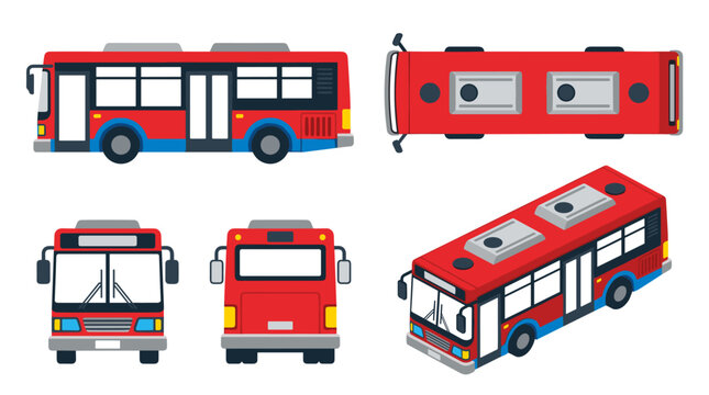 Set of red city buses in different viewpoints showing side front back and top projection, transportation logistics, urban commute transit system