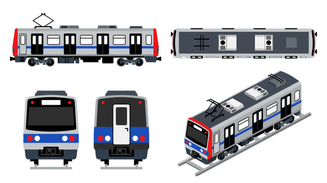 Set of city subway train carriage illustrations in various viewpoints including front, side, and isometric projection for transport design