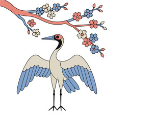 Naklejka premium Red-Crowned Crane with Cherry Blossom Branch Illustration