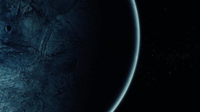 Dark planet or moon with a glowing edge against a starry space background