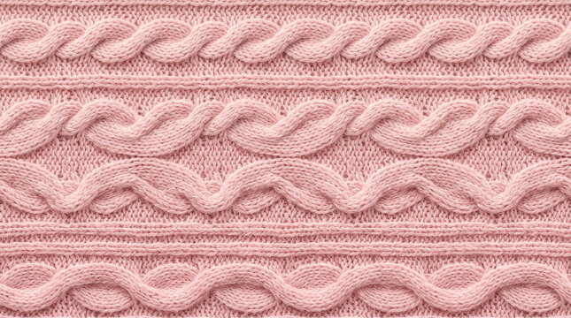 Close up of pink cable knit sweater texture with detailed woven patterns and soft lighting