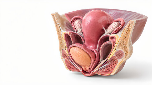 Pelvic organ prolapse of uterus and bladder in photorealistic medical 3D render, showing preserved pelvic anatomy for healthcare, gynecology, medical education, radiology, and patient education use