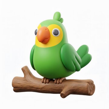 3D render of a cute green parrot perched on a brown tree branch against a white background with 3D render