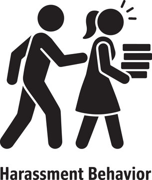 A black and white pictogram showing a man following a woman carrying books representing workplace harassment behavior