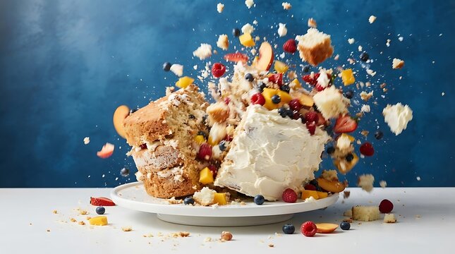 Exploding sponge cake with white frosting, fresh blueberries, raspberries, and peach slices on a white plate against a dark blue background