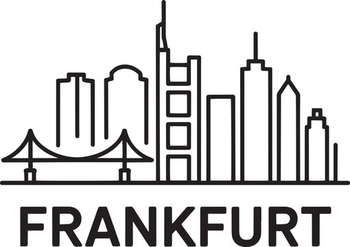 Minimalist black and white line art illustration of the frankfurt city skyline with a bridge and text