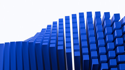 Plakat 3D render of abstract blue rectangular blocks in a sweeping wave formation isolated on white. Great for tech covers, business presentations, and modern architectural backgrounds