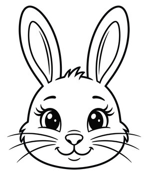 Cute bunny face coloring page, cartoon rabbit head line art, adorable animal character vector for kids activity