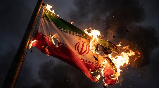 Iranian flag, featuring its national emblem, burns against a dark.