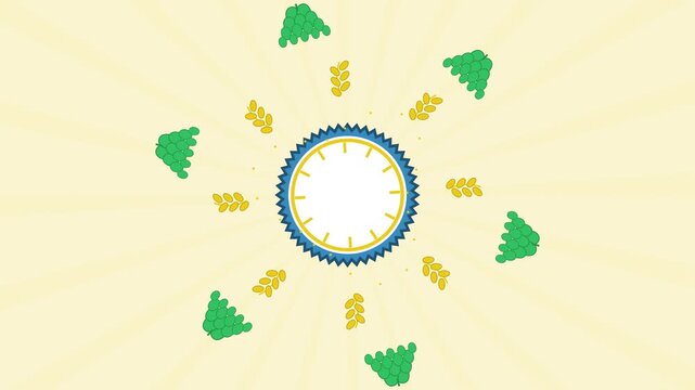 Beer brewing emblem motion graphic with wheat stalks and hop cones orbiting central frame