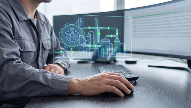 Industrial engineering and plant monitoring concept, engineer using computer with digital machinery schematic, turbine and pipeline for process control, automation and factory maintenance