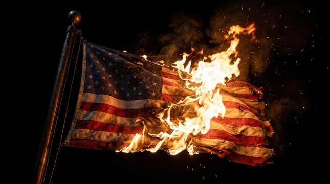American flag, with stars and stripes, burns intensely on a flagpole.