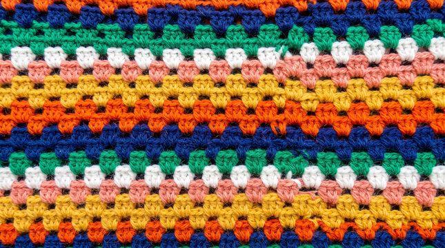 Close-up of colorful granny crochet fabric with rows of blue orange pink and green yarn patterns