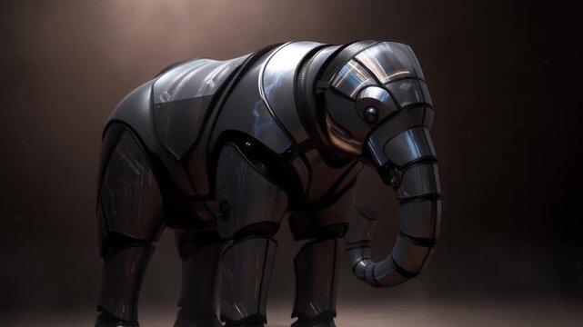 Slow tracking shot of robotic elephant turning head and curling trunk with subtle steps in dim studio environment with rim lighting and dust particles