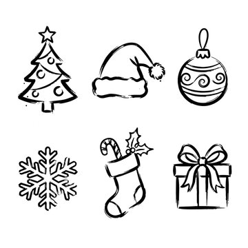Christmas icon set on brush effect style outline