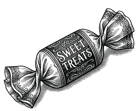 Vintage candy vector illustration, engraved sweet treats bonbon, retro wrapped chocolate confectionery, hand drawn sugar snack