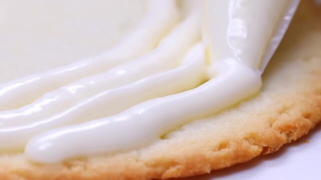 Tracking shot close up macro of pastry bag piping icing onto sugar cookie on kitchen counter in studio